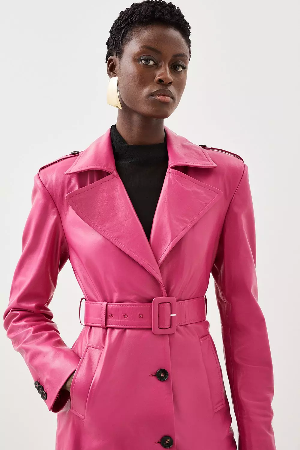 Leather Structured Collared Belted Coat Karen Millen